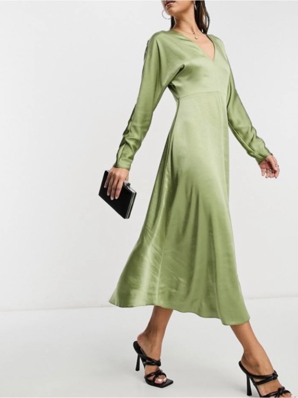 ASOS Satin Long Sleeve V-Neck Midi Dress in Sage Green
